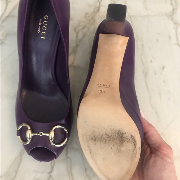 Purple Gucci Horsebit Leather Peep Toe Pumps - Picture 5 of 7